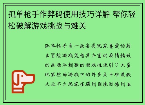 孤单枪手作弊码使用技巧详解 帮你轻松破解游戏挑战与难关